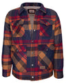 The Lumberjacket by Rural Cloth in Rustwood features a plaid flannel design with a collar, snap buttons, four front flap pockets, and a brand patch near the hem—perfect as a men's work jacket for cooler weather.