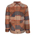The Lumberjacket is a men’s chore jacket crafted from plaid wool in shades of brown, tan, gray, and orange. It features two chest pockets, two lower front pockets, a collar, a small fabric brand tag above the left pocket, and is fully lined with sherpa for extra warmth and comfort.