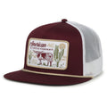 The On the Range Hat by Rural Cloth is a maroon and white snapback with mesh back, flat bill, decorative rope, and a patch displaying 