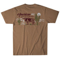 Back of a gold heather On the Range Tee by Rural Cloth, featuring a cow, cacti, and sun or moon graphic. Text: 