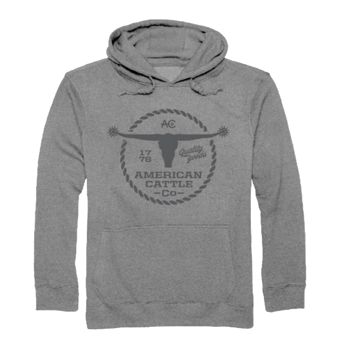 The Roper Pullover-Gray by American Cattle Co is a vintage-inspired sweatshirt with a front pocket, longhorn skull and rope circle graphic, plus "American Cattle Co.," "Quality Goods," and "1776." Made from premium anti-pill material.