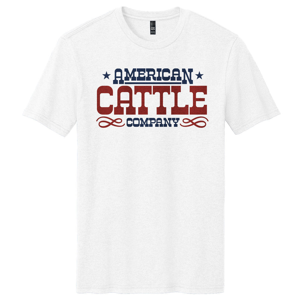 The Showstock Tee by American Cattle Co is a classic fit white T-shirt with "American Cattle Company" printed in bold red and blue letters, decorated with stars and stylish flourishes.