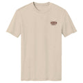 The Stampede Tee by American Cattle Co is a classic fit, plain beige shirt in a soft cotton blend. It features a small brown and red 