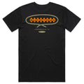 The Stephenville Tee by American Cattle Co is a black t-shirt with a Bucktown diamond logo in orange and yellow on the back, plus 