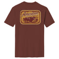The Stockyard Tee by American Cattle Co is a classic fit maroon cotton shirt with a large back graphic: cow silhouette, “American Cattle Co.” text, and decorative borders.