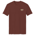 The Stockyard Tee by American Cattle Co is a classic fit maroon soft cotton short-sleeve shirt with a small beige “American Road Trip” wing logo on the left chest, inspired by vintage cattle tee designs.