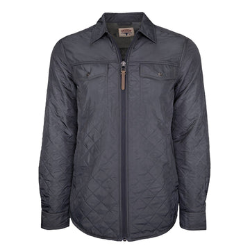 Introducing the Sunday Jacket by American Cattle Co, crafted in a striking Thundercloud gray. This quilted shirt jacket features a diamond-patterned fabric, front zipper closure, and two chest pockets with button flaps. Designed with a classic pointed collar and long sleeves with adjustable cuffs, it also includes a soft Polar Fleece lining for extra comfort and warmth.