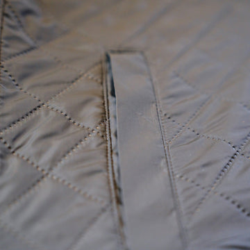 Diamond quilting and welt hand pocket on the Sunday Jacket in Thundercloud.