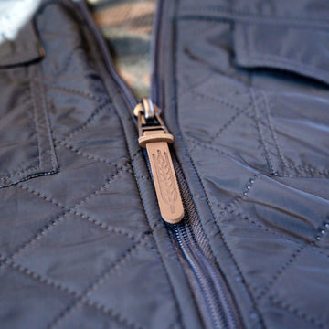 Front zipper with leather pull and diamond-quilted chest pockets on the Sunday Jacket in Thundercloud.