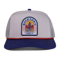 A gray and navy Sundown Hat by Rural Cloth features a red brim braid, 