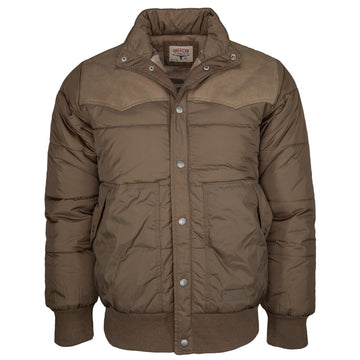 Introducing The Cold Snap Puffer—a brown, padded winter jacket designed with snap buttons, ribbed cuffs and hem, two spacious front pockets, and a high collar. This western-inspired puffer stands out with its canvas-like yoke detail across the shoulders and chest for added style and durability.