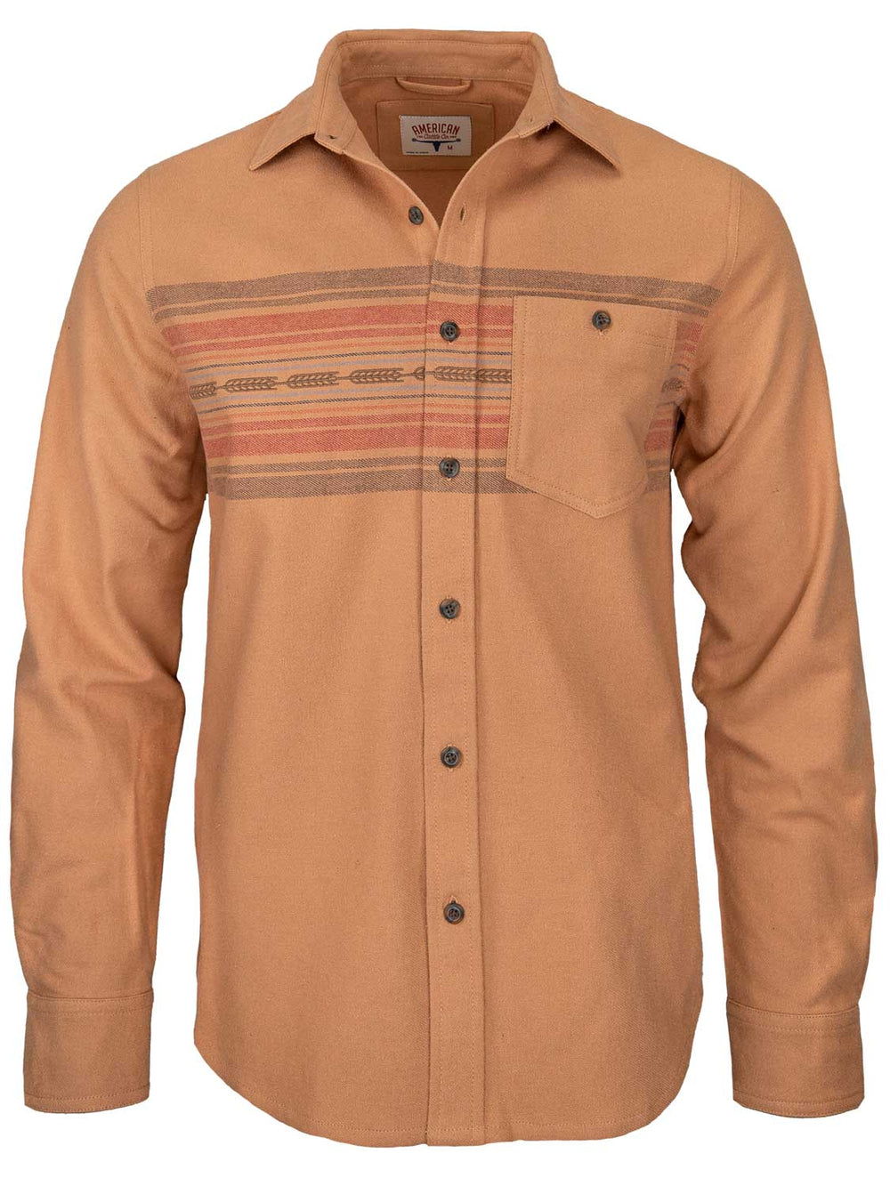 The Dustoff Chamois by American Cattle Co is a tan heavyweight brushed chamois shirt with long sleeves, a single chest pocket, and a horizontal southwestern-style stripe across the upper front.