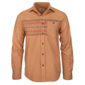 The Dustoff Chamois by Rural Cloth is a heavyweight brushed tan chamois long-sleeve shirt, featuring a button-up front, single chest pocket, and horizontal red and gray western-woven stripe patterns across the chest for added comfort, durability, and style.