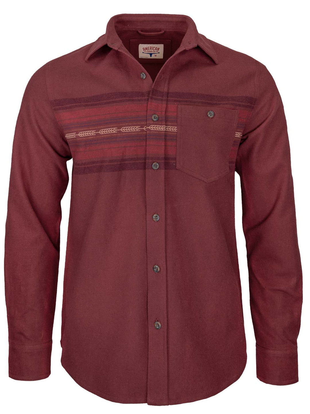 The Dustoff Chamois by American Cattle Co is a maroon, long-sleeve western flannel with a button-up front, left chest pocket, collar, buttoned cuffs, and horizontal patterned stripes across the upper chest for a classic look.