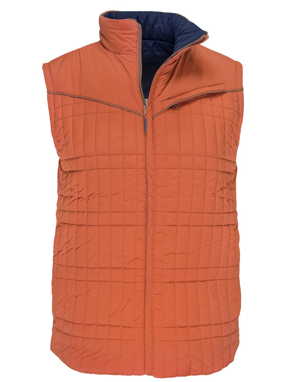 The Switchback Reversible Puffer by American Cattle Co is an orange quilted vest with a front zipper, high collar, western yoke, chest zip pocket, square-pattern stitching, and a dark blue interior lining.