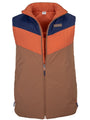 The Switchback Reversible Puffer by Rural Cloth is a sleeveless vest with a front zipper, brown lower half, orange chest chevron, navy shoulder stripe, high collar, and a small fabric tag for a stylish look.