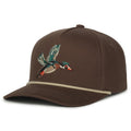 The Woody Hat by Rural Cloth is a brown baseball cap featuring a flat brim, beige rope detail, and an embroidered woody duck on the front.