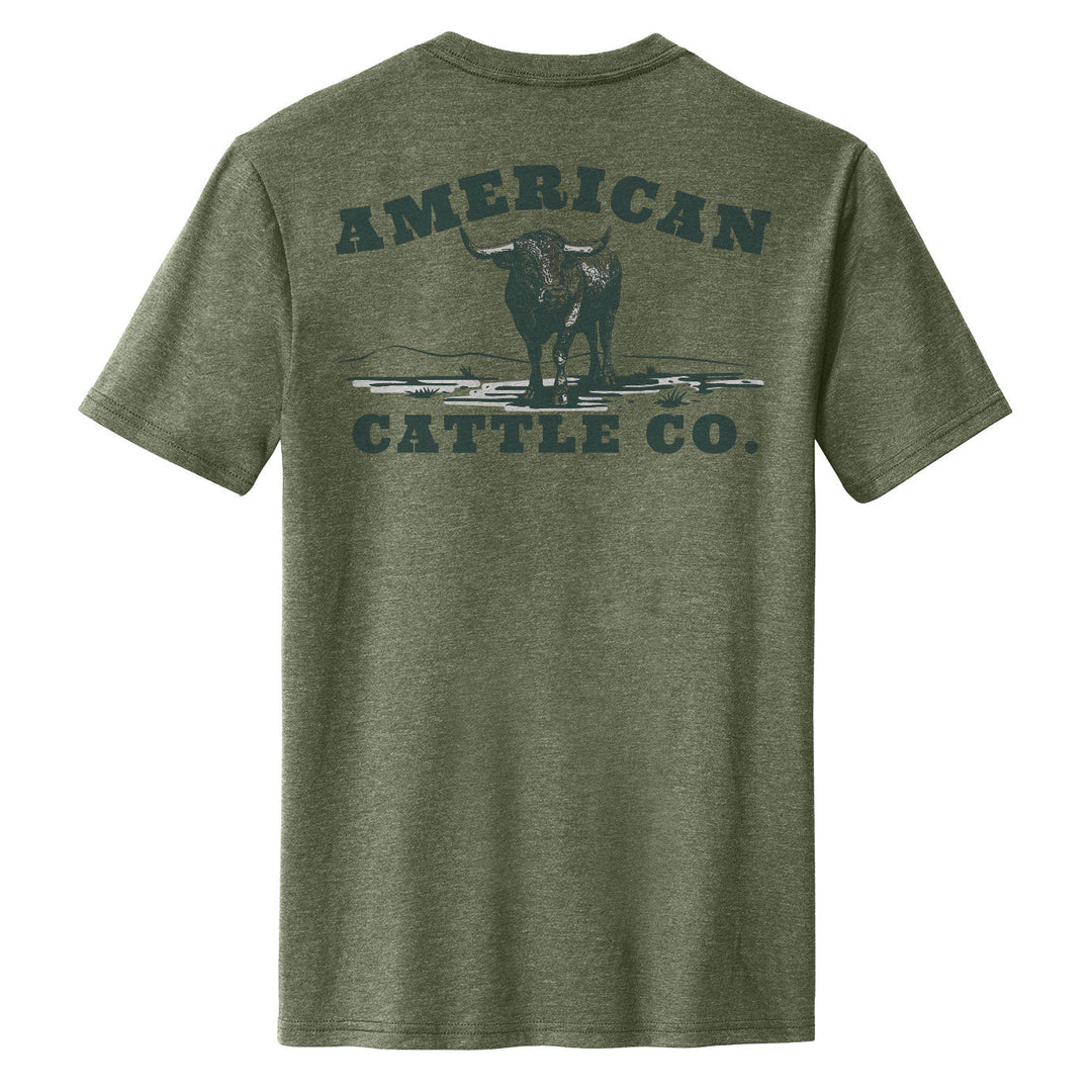 A back view of the American Cattle Co Waterline Tee in green, made from a soft cotton blend—ideal for enjoying the comfort and rugged style of a true cattleman.