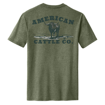 A back view of the American Cattle Co Waterline Tee in green, made from a soft cotton blend—ideal for enjoying the comfort and rugged style of a true cattleman.