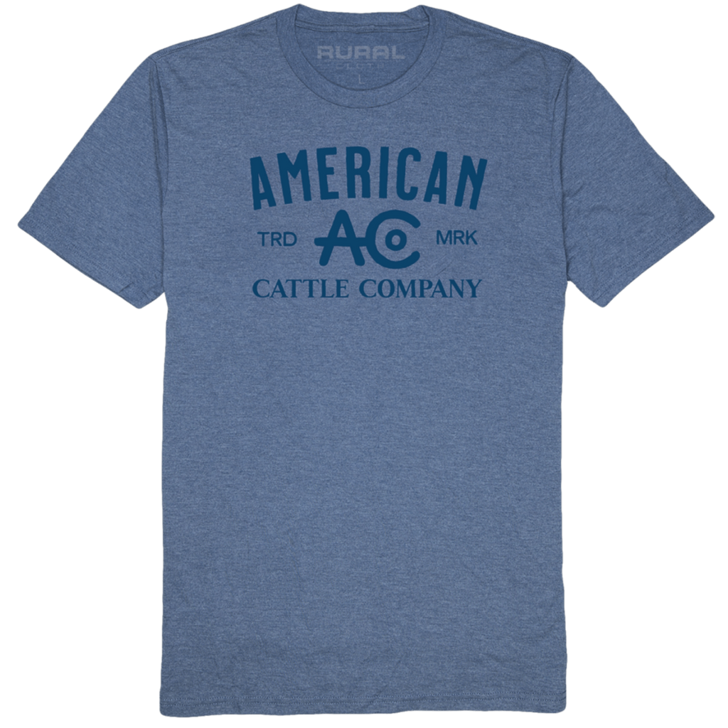 The ACC Brand Tee by Rural Cloth is a heather blue short-sleeve shirt with 