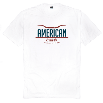 The American Cattle Co Tee features "AMERICAN Cattle Co." in bold, a longhorn graphic, and "WE RANCH - YOU EAT" in red and dark green, perfect for true fans of cattle ranching.