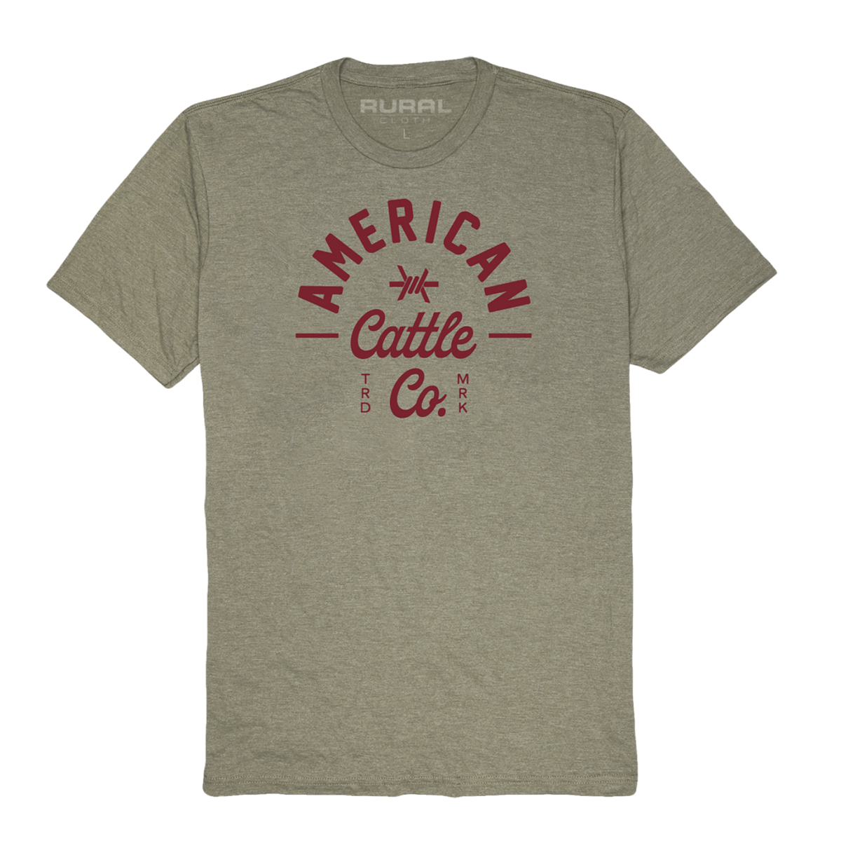 The Barb Tee by American Cattle Co is a heather gray short-sleeve t-shirt in a premium cotton blend, with bold red "American Cattle Co. TRD MRK" chest text and subtle "RURAL" detail inside the collar—a classic rancher style.