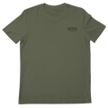 The Cactus Tee by Rural Cloth is a plain olive green t-shirt with short sleeves. It features a small, black 