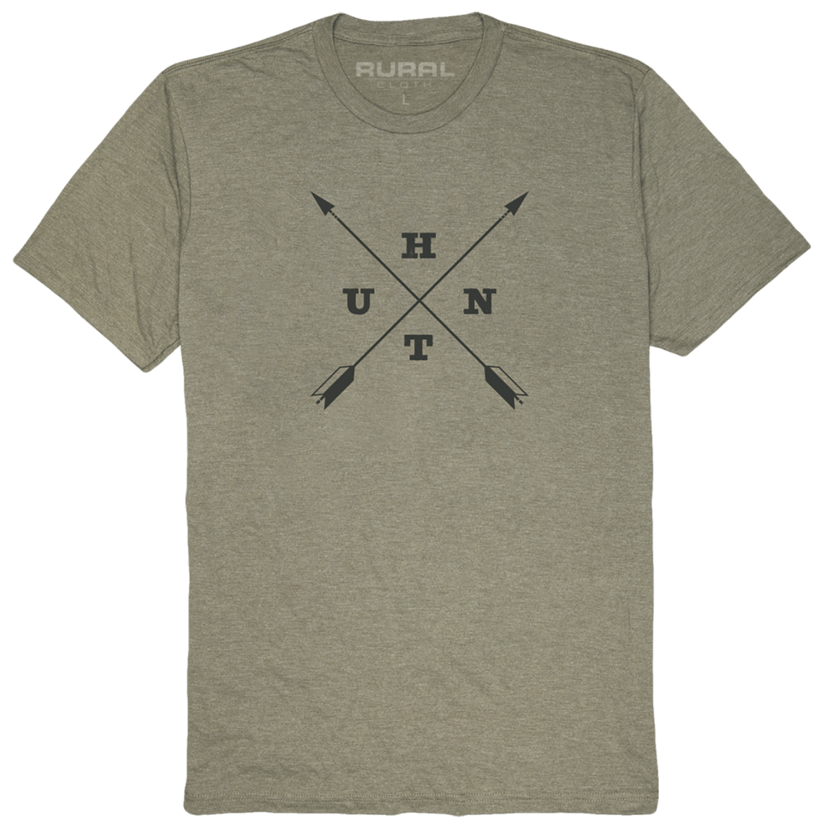 The Hunt Tee-Military Green Frost by Rural Cloth features two crossed arrows with "U," "H," "N," and "T" between them and the faint Rural Cloth logo inside the collar—ideal adventure wear for any Hunt Tee collection.