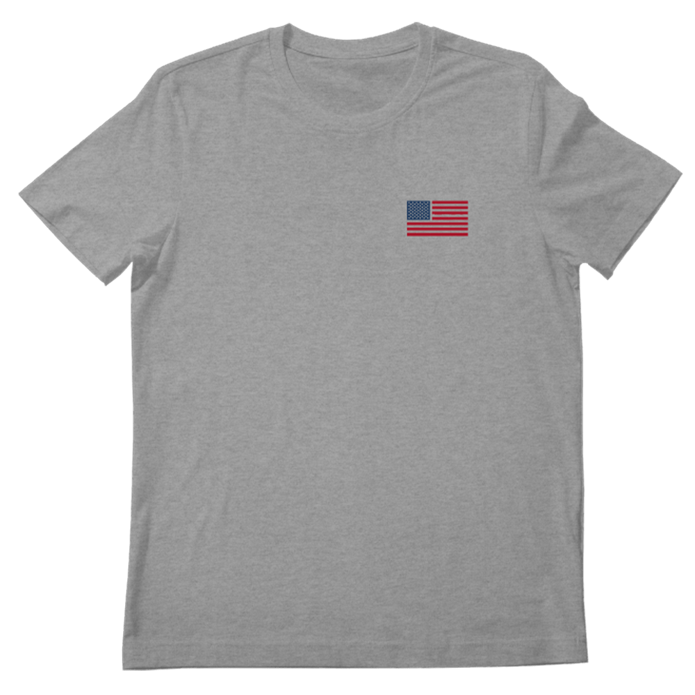 The Longneck Tee by American Cattle Co is a light gray short-sleeve shirt with a small American flag graphic on the chest—ideal for beer lovers and casual hangouts.