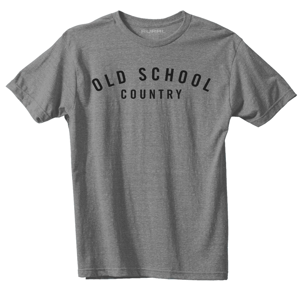 The Old School Country - Heather Gray by American Cattle Co is an ultra-soft tee with "OLD SCHOOL COUNTRY" in bold black letters, a classic crew neckline, plain heather background, and proudly made in the USA.