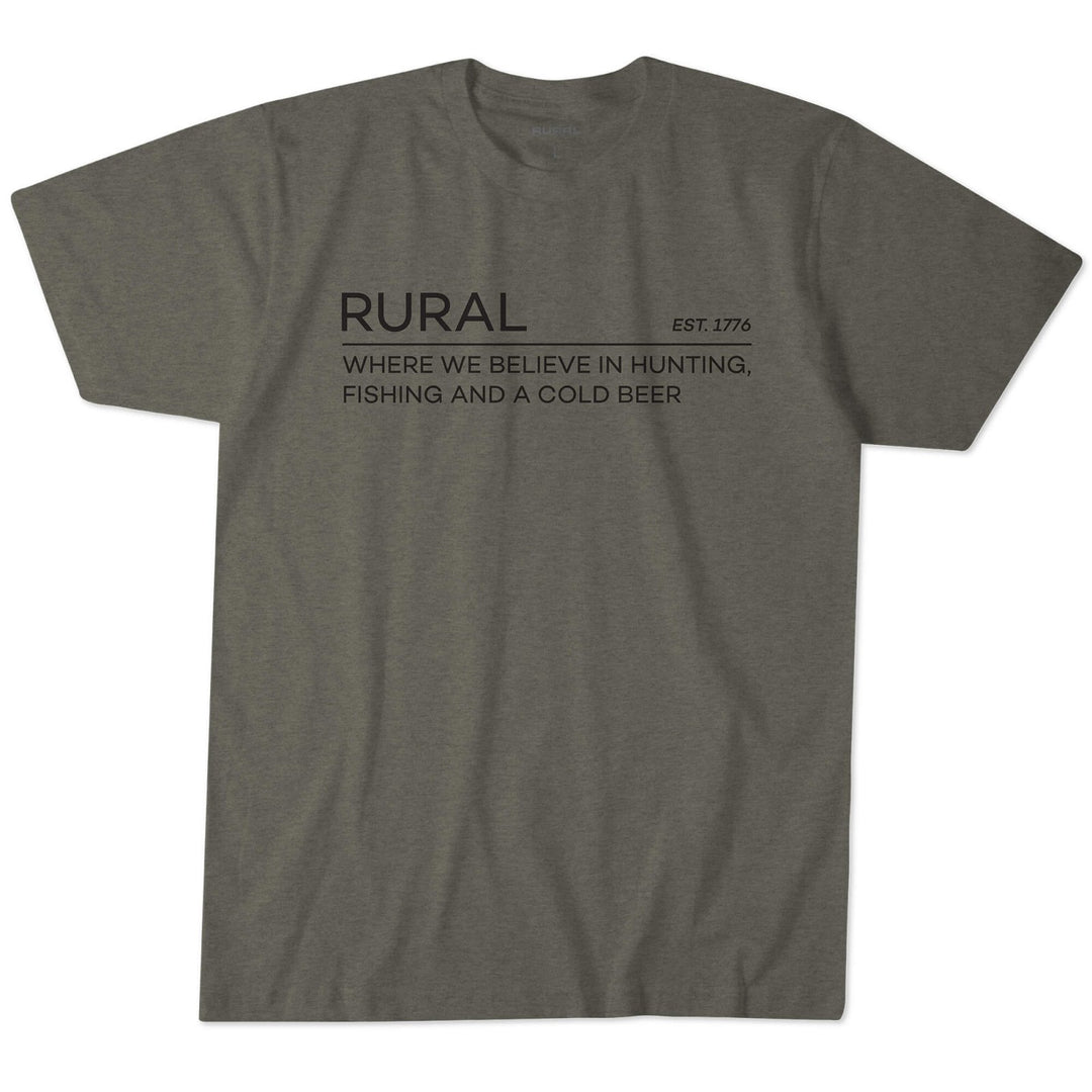 The Rural Lifestyle Tee by American Cattle Co features a gray design with black text: "RURAL EST. 1776 WHERE WE BELIEVE IN HUNTING, FISHING AND A COLD BEER." Ideal for anyone who loves the rural lifestyle.