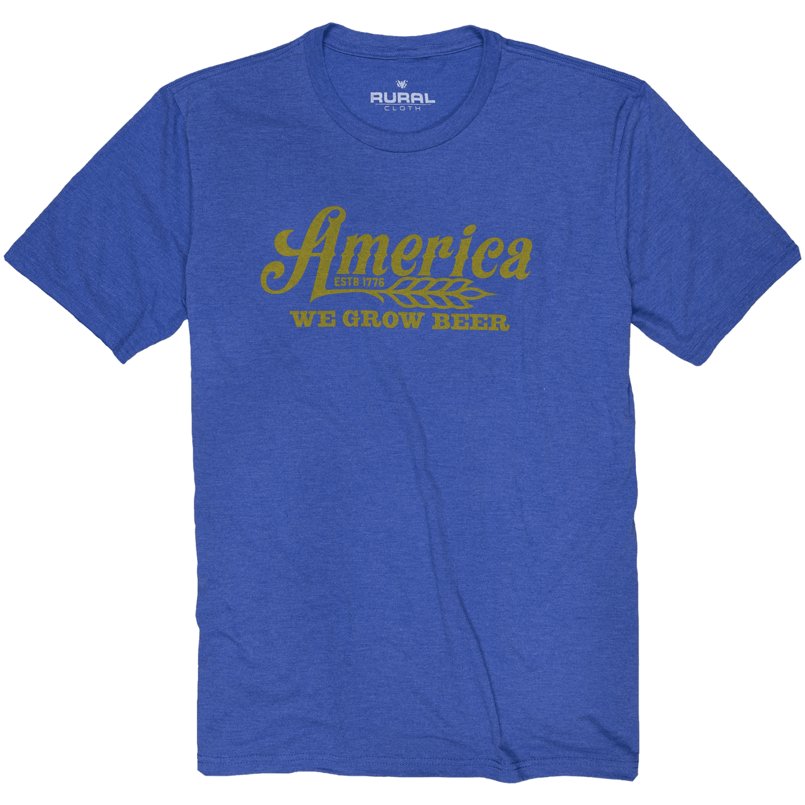 The We Grow Beer Tee - Royal by Rural Cloth features yellow "America Estd 1776 WE GROW BEER" text and a wheat stalk graphic on blue premium fabric, offering a modern athletic fit.