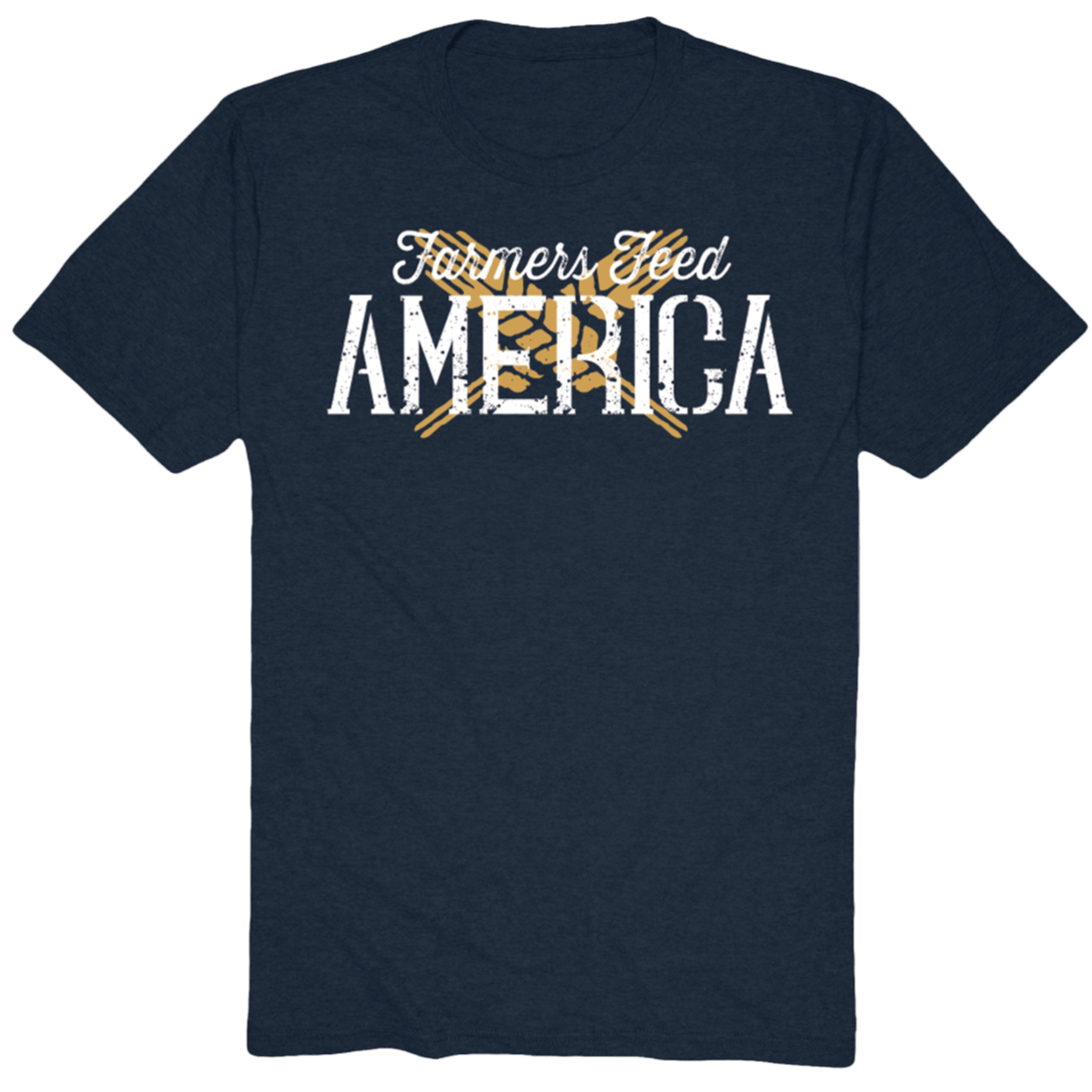 The Wheat X Tee is a navy blue t-shirt displaying the text “Farmers Feed AMERICA” in white and yellow, with two crossed yellow pitchforks behind the word “feed.” It’s a perfect expression of American pride.